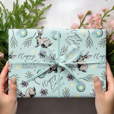 Pastel Turquoise Blue Happy Easter Bunnies Wrapping Paper