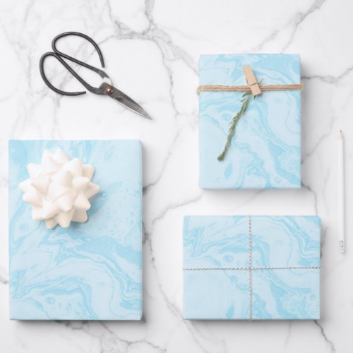 Pastel Turquoise Blue Marble Liquid Ink Pattern Wrapping Paper Sheets