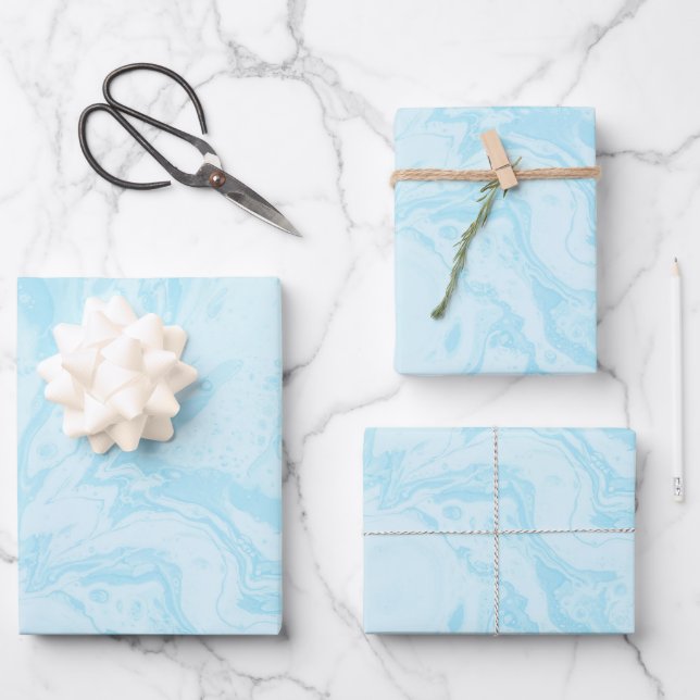Pastel Turquoise Blue Marble Liquid Ink Pattern Wrapping Paper Sheets (Front)