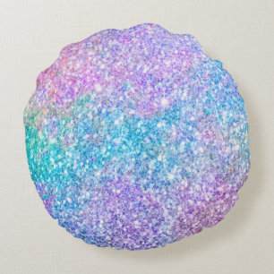 Pastel Turquoise Blue & Purple Glitter Round Pillow