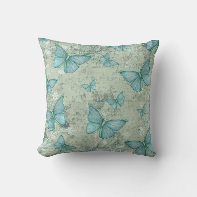Pastel Turquoise Butterflies Vintage Style Pattern Throw Pillow (Front)
