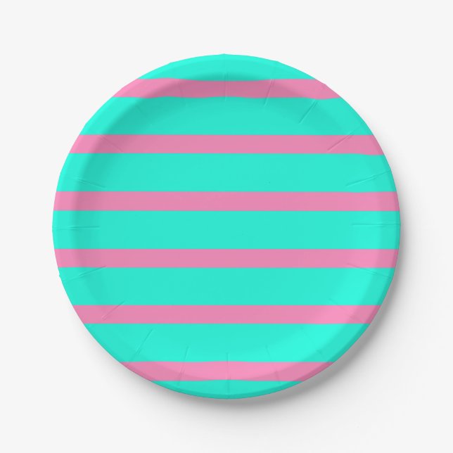 Pastel Turquoise Pink Stripes Paper Plates (Front)