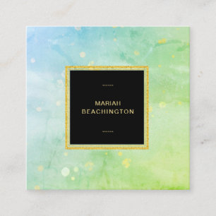 *~* Pastel Turquoise Sky Blue Lime Green Abstract Square Business Card