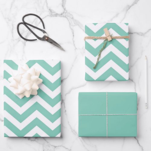 Pastel Turquoise  White Chevron Wedding Birthday Wrapping Paper Sheets