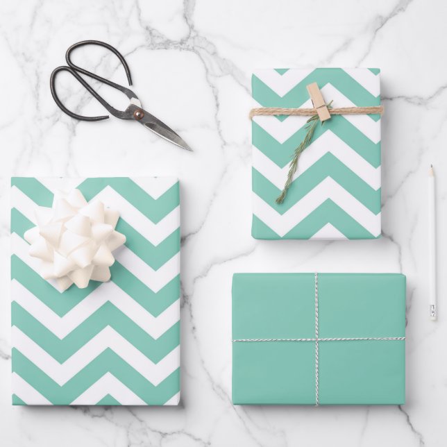 Pastel Turquoise & White Chevron Wedding Birthday Wrapping Paper Sheets (Front)