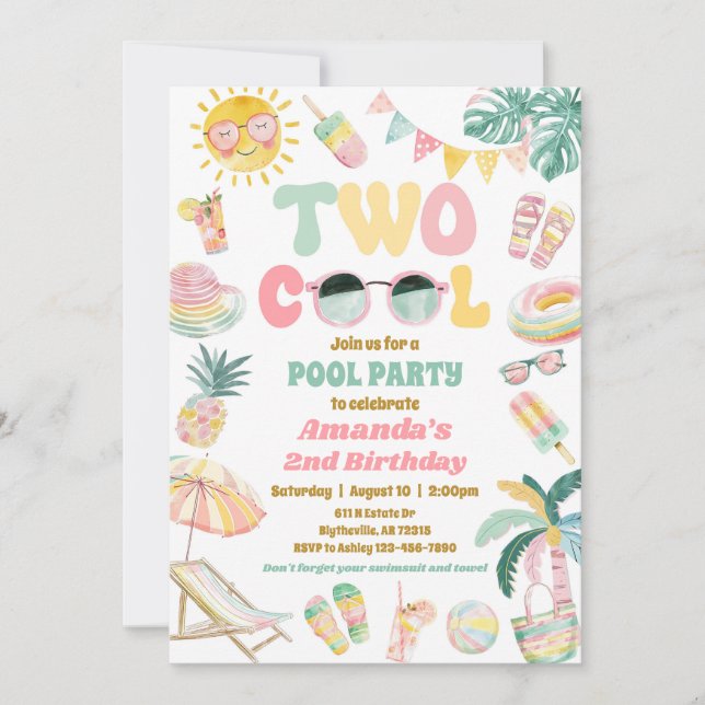 Pastel Two Cool Birthday Pool Party Invitation (Front)