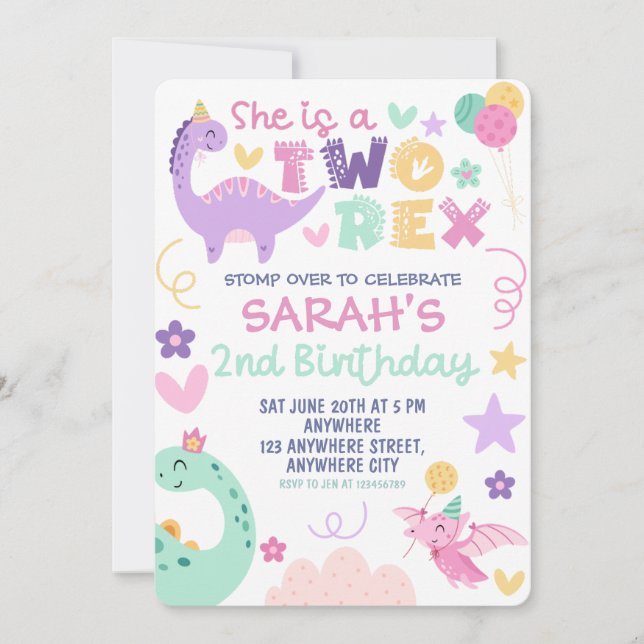 Pastel Two Rex Dinosaur 2nd Birthday Party  Invitation (Front)