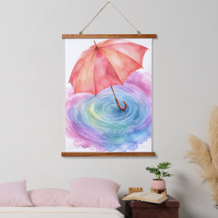 Pastel Umbrella Rain Ripples Watercolor Art Hanging Tapestry