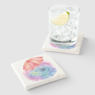 Pastel Umbrella Rain Ripples Watercolor Art Stone Coaster