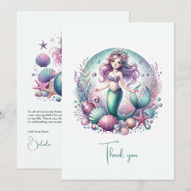 Pastel Under the Sea Girl’s Birthday Thank You Card (Front/Back)
