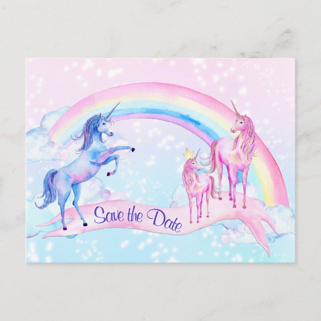Pastel Unicorn Baby Shower Save The Date Postcards (Front)