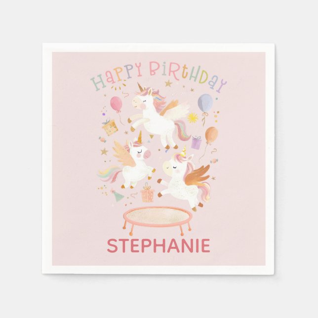 Pastel Unicorn Cute Trampoline Birthday Party Napkins (Front)