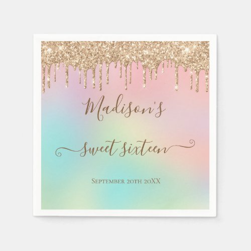  Pastel Unicorn Dripping Gold Glitter Sweet 16  Napkins