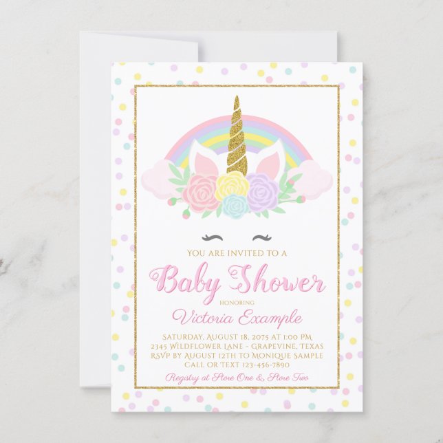Pastel Unicorn Face Rainbow Baby Shower Invitation (Front)