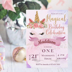Pastel Unicorn Floral Birthday Party Invitation