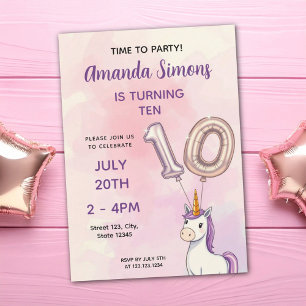 Pastel Unicorn Foil Balloons Girl 10th Birthday Invitation