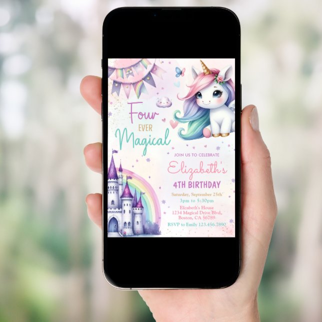 Pastel Unicorn Four Ever Magical 4th Birthday  Invitation (Front Digital)