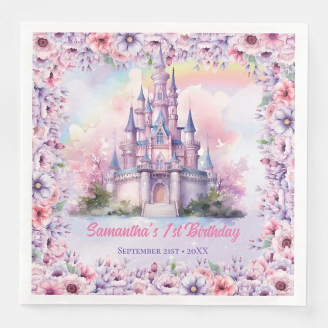 Pastel Unicorn Girl Birthday fairy castle Paper Dinner Napkins (Front)