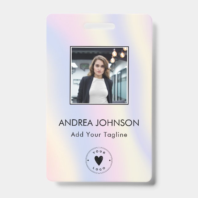 Pastel Unicorn Holograph Photo Logo Bar Code Name Badge (Front)