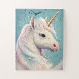 Pastel Unicorn Portrait with Golden Horn and Stars Jigsaw Puzzle