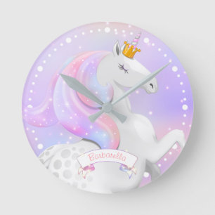 Pastel Unicorn Princess Round Clock