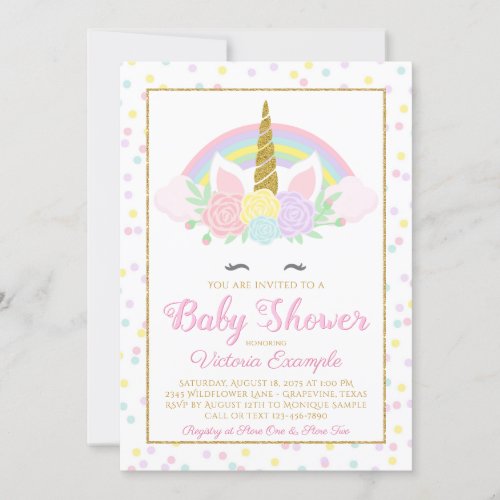 Pastel Unicorn Rainbow Baby Girl Shower Invitation