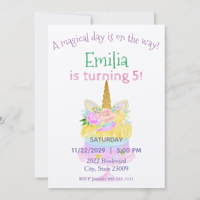 Pastel Unicorn Rainbow Birthday Invitation (Front)
