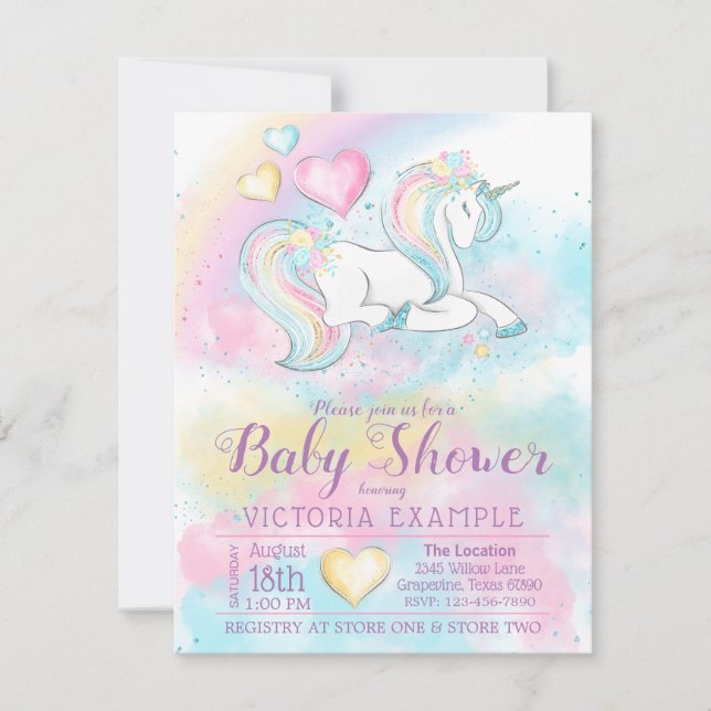 Pastel Unicorn Rainbow Girl Baby Shower Invitation (Front)