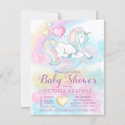 Pastel Unicorn Rainbow Girl Baby Shower Invitation