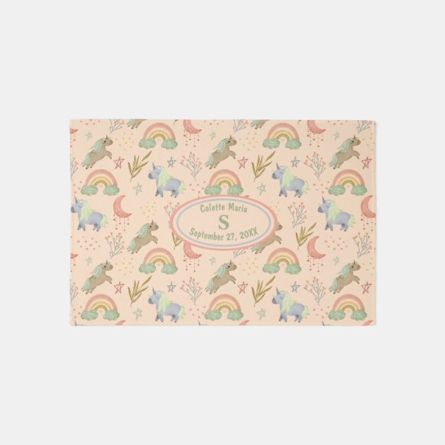 Pastel Unicorn Rainbow Monogram Baby Nursery  Rug (Front)