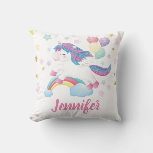 Pastel Unicorn Rainbow Personalised Name Throw Pillow