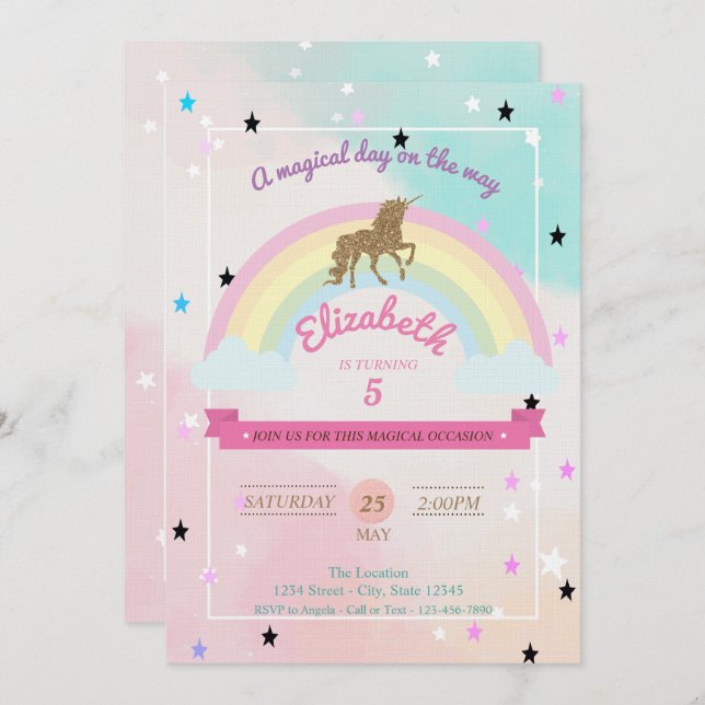 Pastel, Unicorn,Rainbow Stars Birthday Invitation (Front/Back)