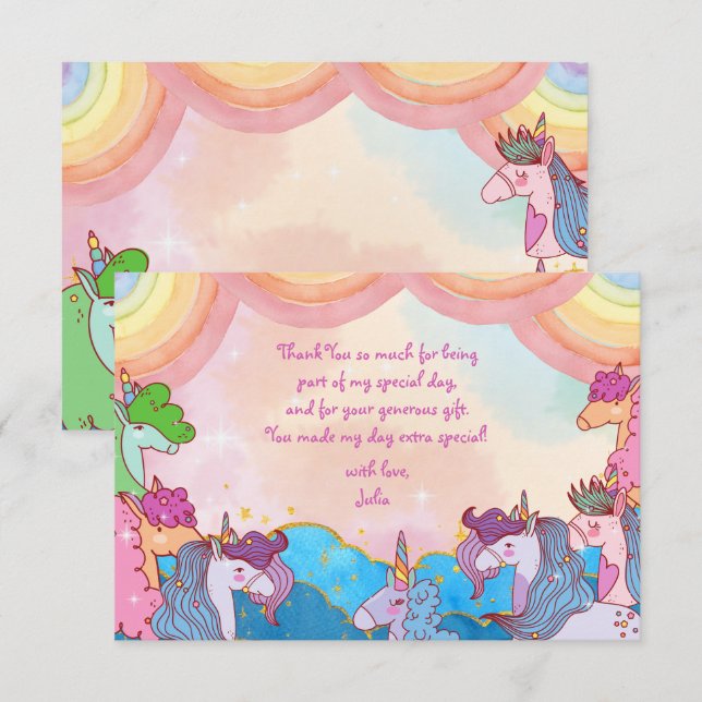 Pastel Unicorn rainbows Kids Birthday Thank You Card (Front/Back)