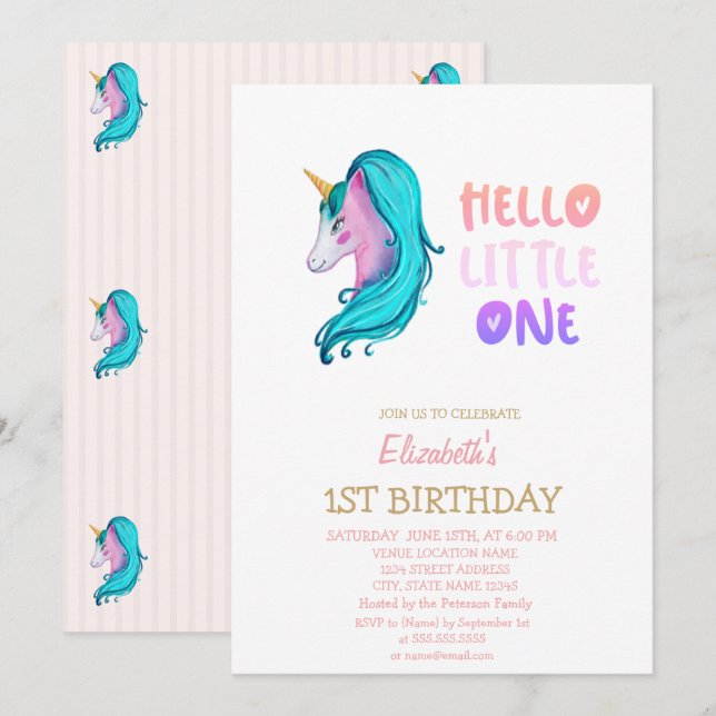 Pastel Unicorn Striped Hello Little One Birthday Invitation (Front/Back)