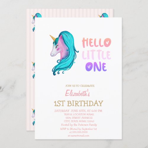 Pastel Unicorn Striped Hello Little One Birthday Invitation