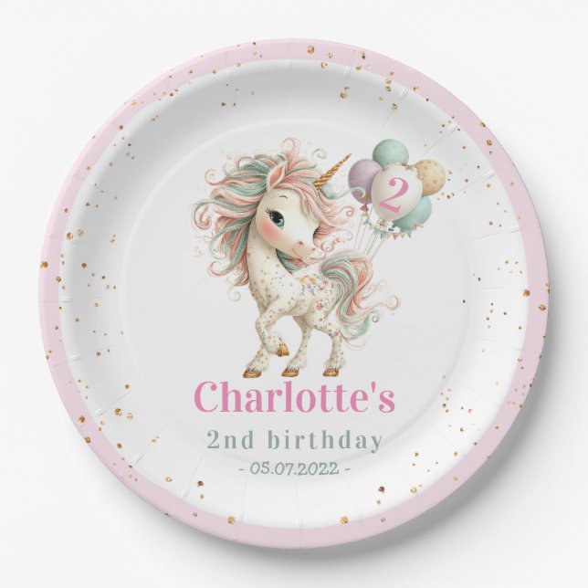 Pastel Unicorn with Balloons Birthday Paper Plates