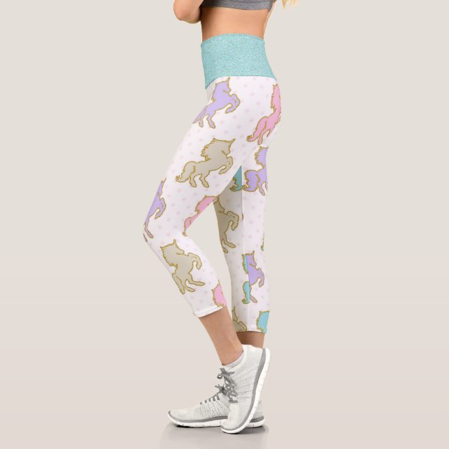 Pastel Unicorns Gold Glitter Waist Band  Capri Leggings (Left)