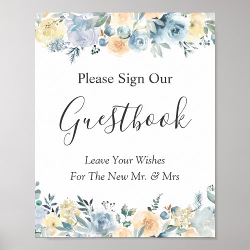 Pastel Vanilla Blue Floral Wedding Guestbook Sign