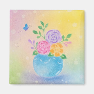 Pastel Vase Flowers Butterfly Art Magnet