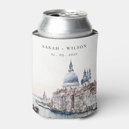Pastel Venice Italy Canals Watercolor Wedding Can Cooler