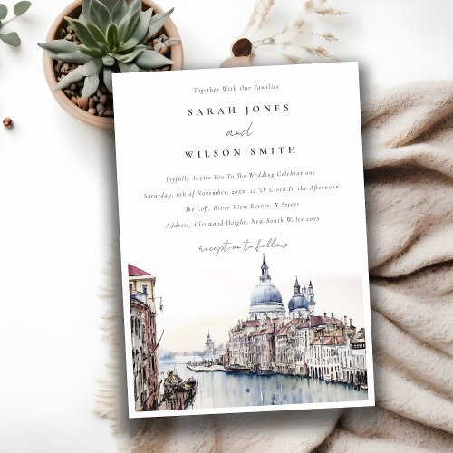Pastel Venice Italy Canals Watercolor Wedding Invitation