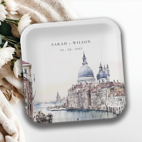 Pastel Venice Italy Canals Watercolor Wedding Paper Plates