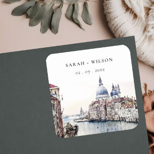 Pastel Venice Italy Canals Watercolor Wedding Square Sticker