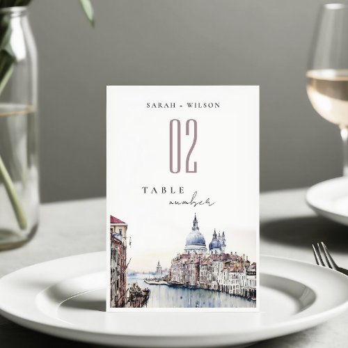 Pastel Venice Italy Canals Watercolor Wedding Table Number