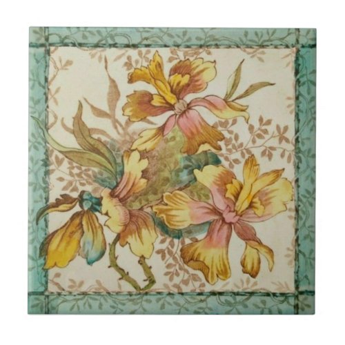 Pastel Victorian Hand Colored Floral Reproduction Ceramic Tile