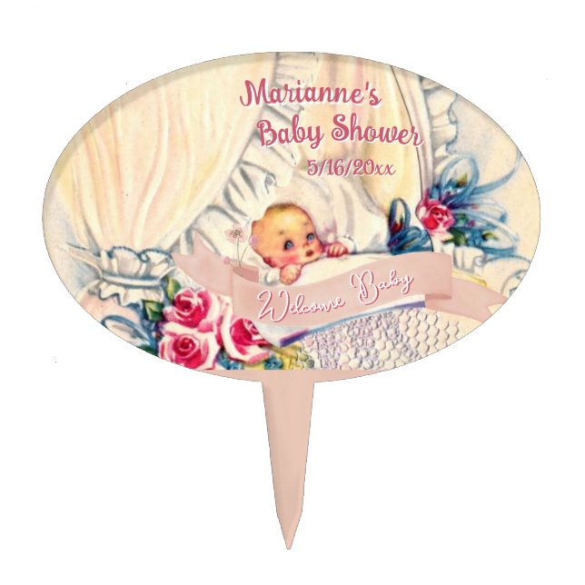 Pastel Vintage Baby Girl Baby Shower Cake Topper (Front)