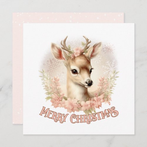 Pastel Vintage Deer Flowers Cute Christmas Card