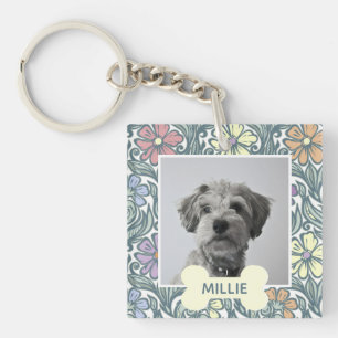 Pastel Vintage Floral Custom Dog Photo Keychain