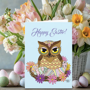 Pastel Vintage Owl Easter Eggs Nest Blue Daisy Card