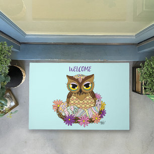 Pastel Vintage Owl Easter Eggs Nest Blue Daisy Doormat